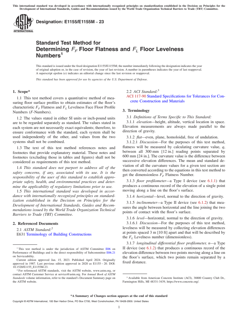 ASTM E1155/E1155M-23 - Standard Test Method for Determining <emph type="ital">F<inf>F</inf></emph> Floor Flatness  and <emph type="ital">F<inf>L</inf></emph> Floor Levelness Numbers