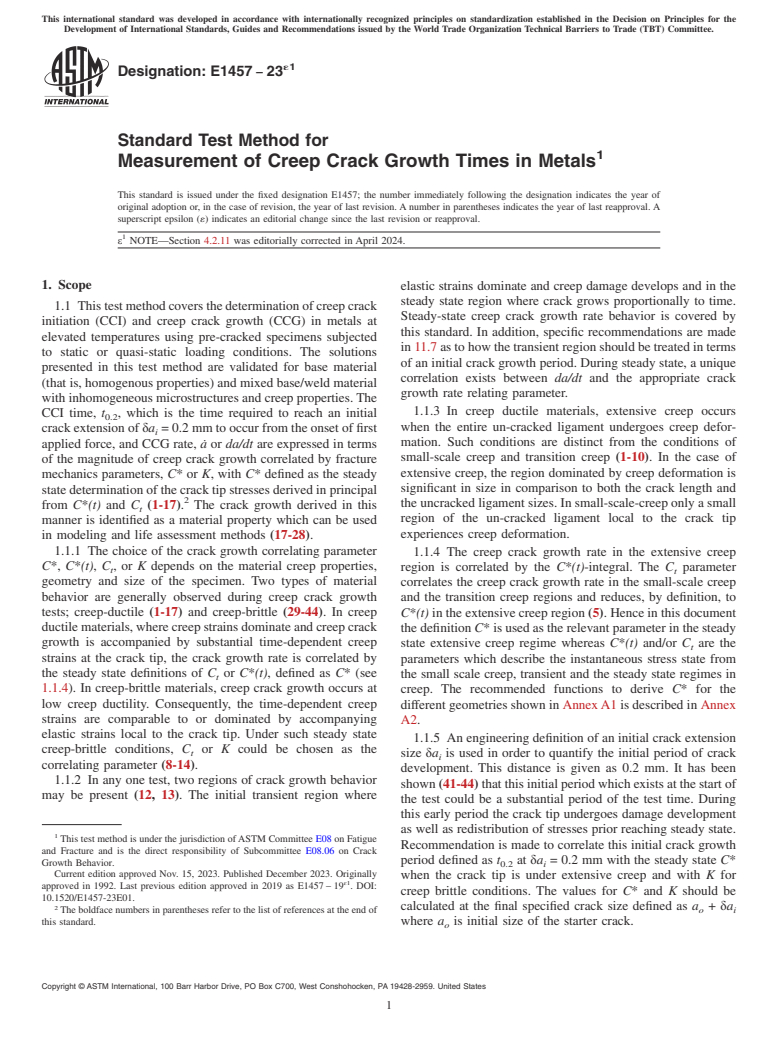 ASTM E1457-23e1 - Standard Test Method for  Measurement of Creep Crack Growth Times in Metals