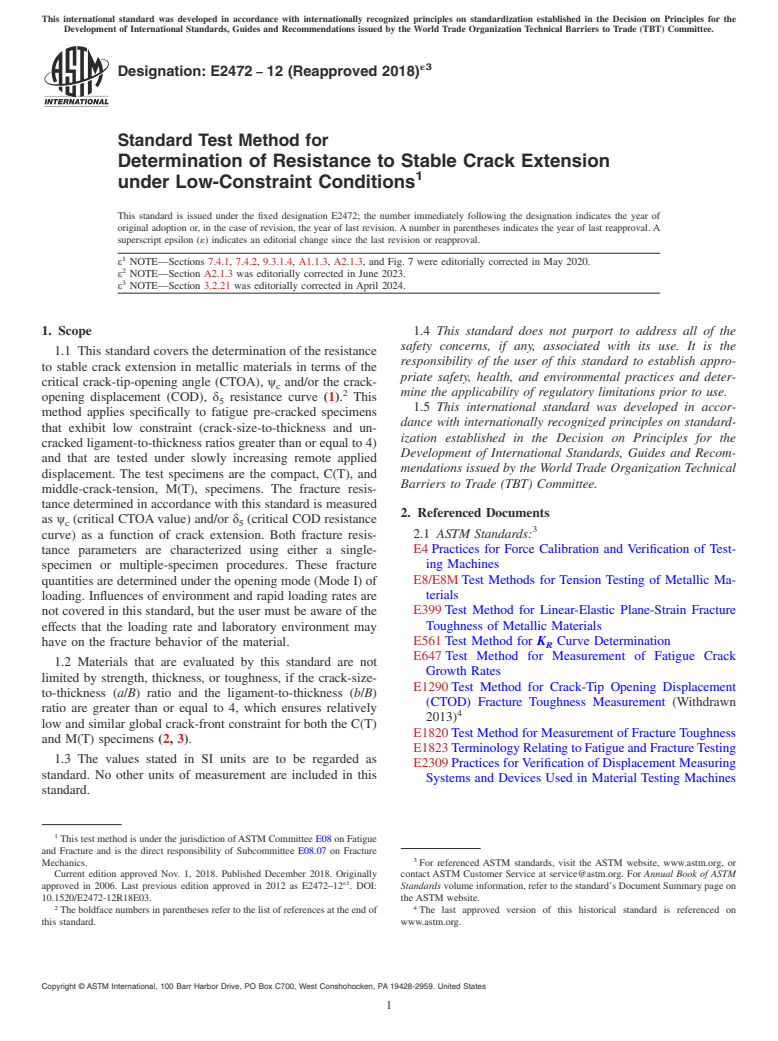 ASTM E2472-12(2018)e3 - Standard Test Method for  Determination of Resistance to Stable Crack Extension under  Low-Constraint Conditions