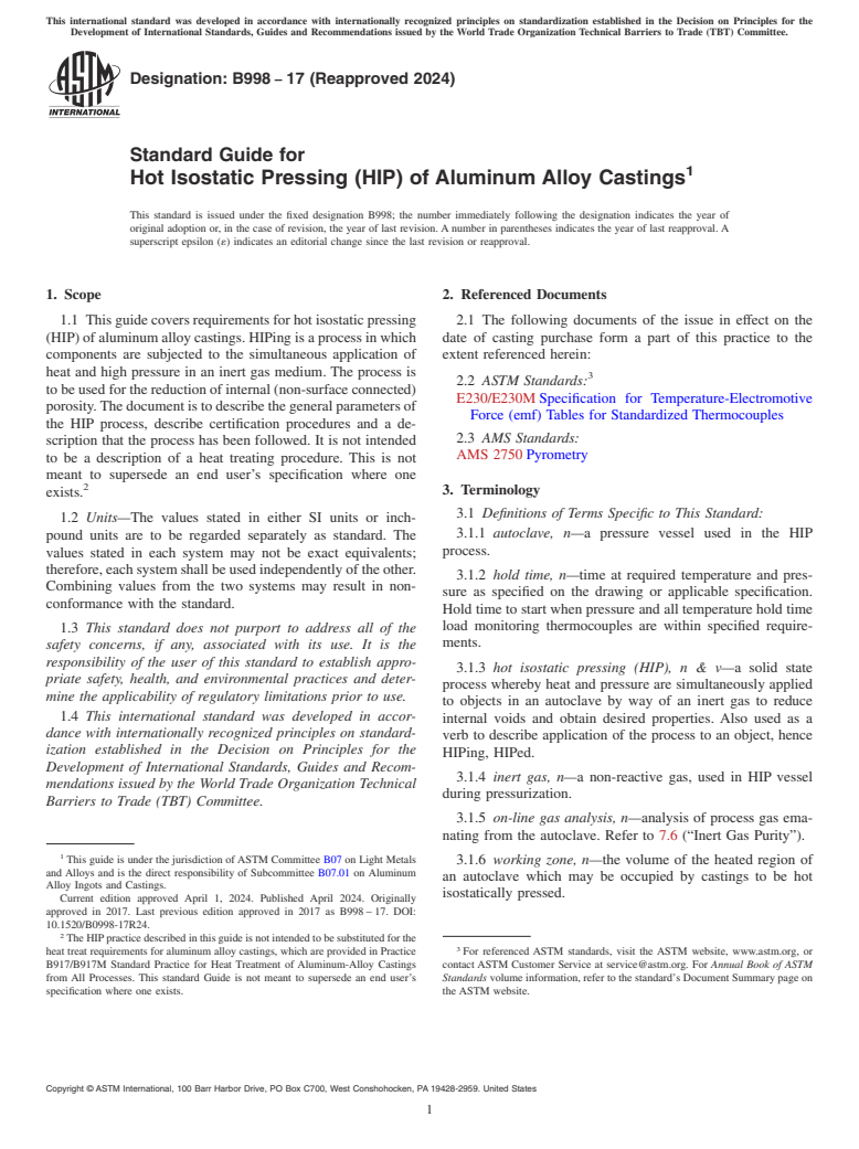 ASTM B998-17(2024) - Standard Guide for Hot Isostatic Pressing (HIP) of Aluminum Alloy Castings