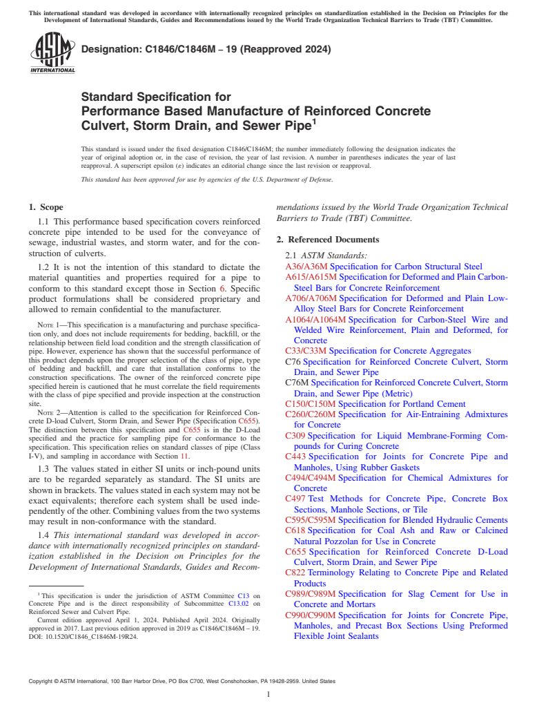 ASTM C1846/C1846M-19(2024) - Standard Specification for Performance Based Manufacture of Reinforced Concrete Culvert,  Storm Drain, and Sewer Pipe