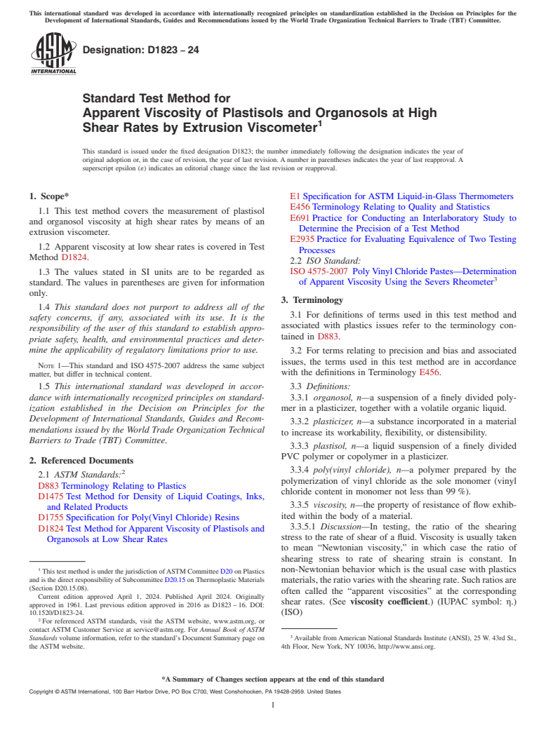 ASTM D1823-24 - Standard Test Method for  Apparent Viscosity of Plastisols and Organosols at High Shear  Rates by Extrusion Viscometer