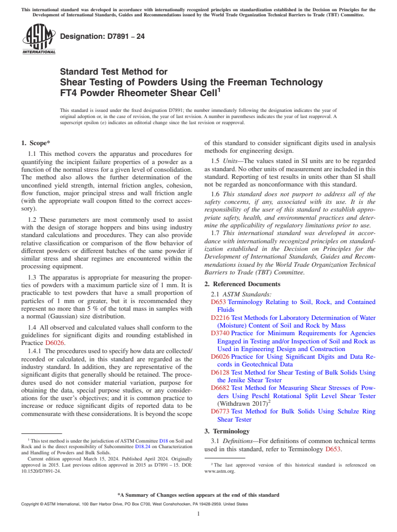 ASTM D7891-24 - Standard Test Method for Shear Testing of Powders Using the Freeman Technology FT4 Powder  Rheometer Shear Cell