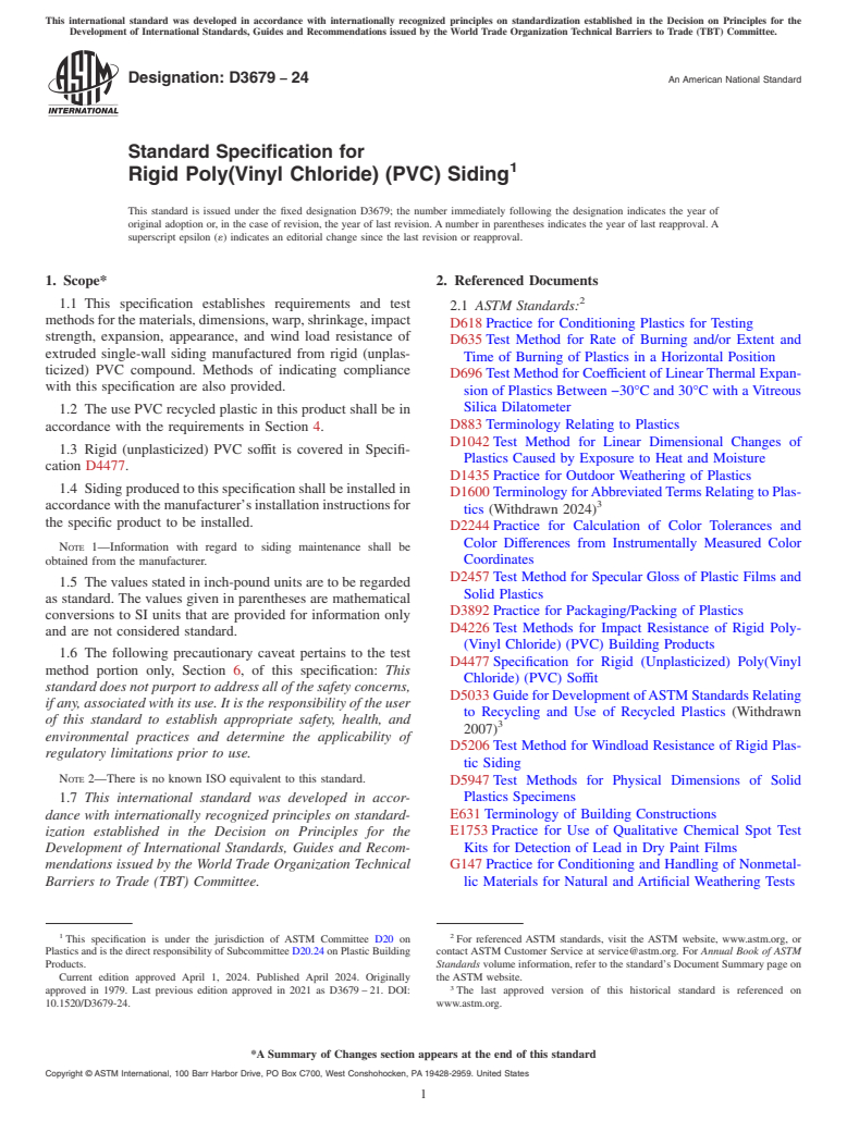 ASTM D3679-24 - Standard Specification for  Rigid Poly(Vinyl Chloride) (PVC) Siding