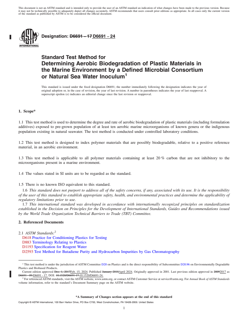 REDLINE ASTM D6691-24 - Standard Test Method for  Determining Aerobic Biodegradation of Plastic Materials in  the Marine Environment by a Defined Microbial Consortium or Natural  Sea Water Inoculum