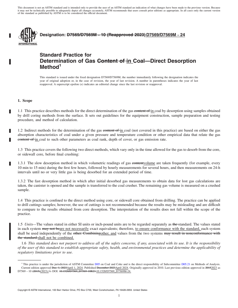 REDLINE ASTM D7569/D7569M-24 - Standard Practice for  Determination of Gas in Coal—Direct Desorption Method