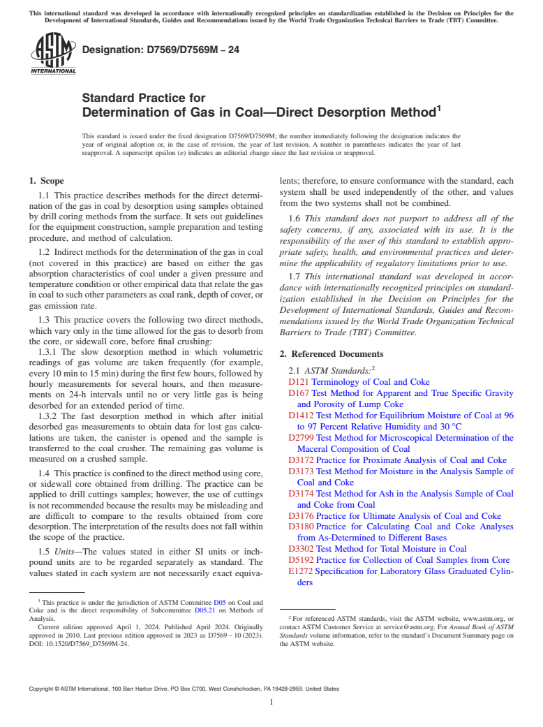 ASTM D7569/D7569M-24 - Standard Practice for  Determination of Gas in Coal—Direct Desorption Method