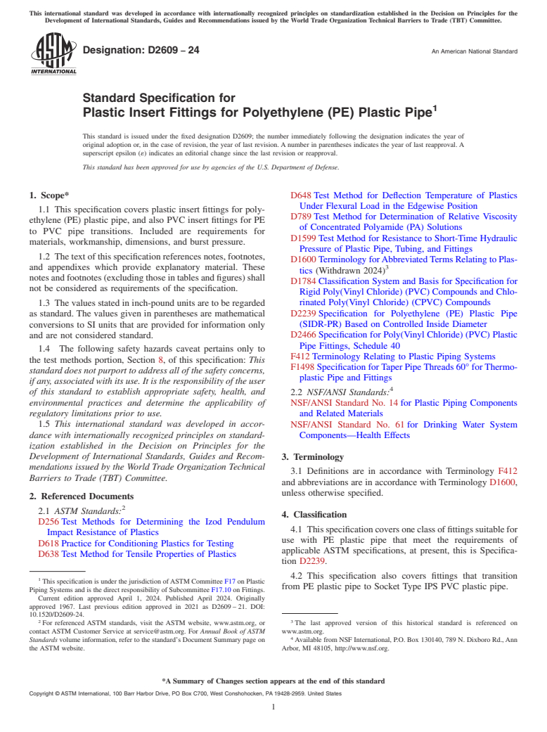 ASTM D2609-24 - Standard Specification for  Plastic Insert Fittings for Polyethylene (PE) Plastic Pipe