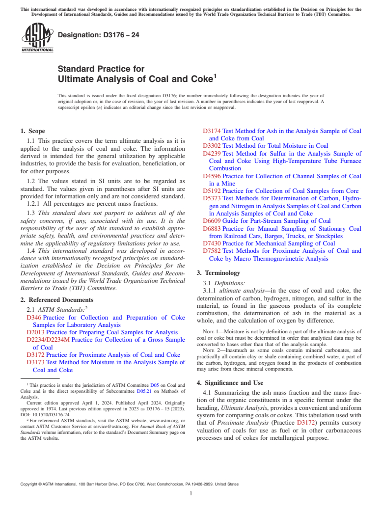 ASTM D3176-24 - Standard Practice for  Ultimate Analysis of Coal and Coke