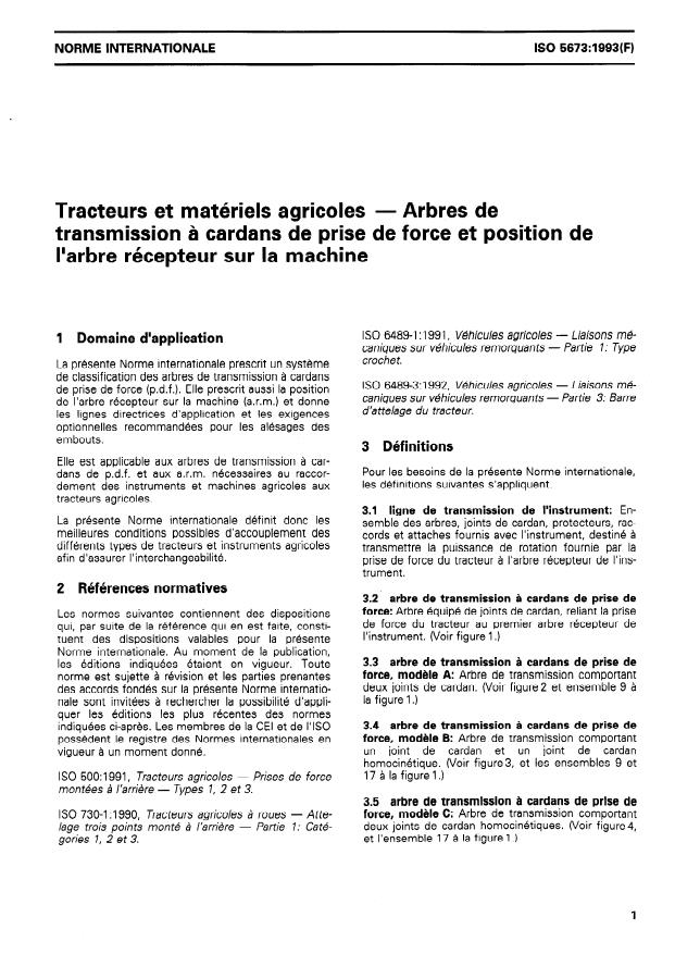 ISO 5673:1993 - Tracteurs et matériels agricoles -- Arbres de transmission a cardans de prise de force et position de l'arbre récepteur sur la machine