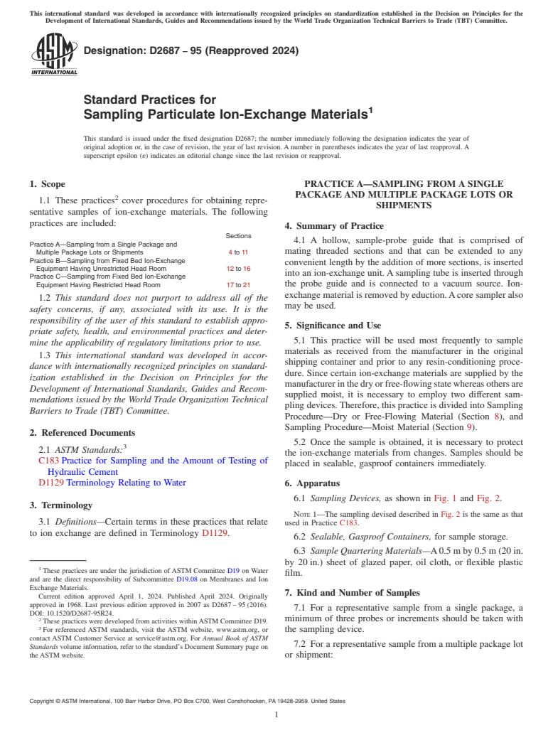 ASTM D2687-95(2024) - Standard Practices for  Sampling Particulate Ion-Exchange Materials