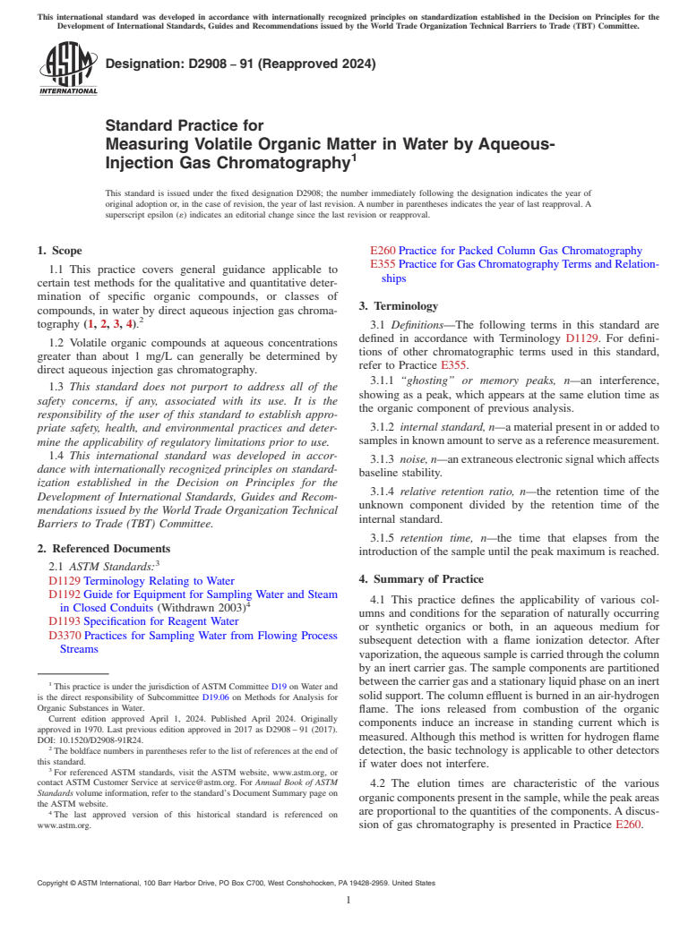 ASTM D2908-91(2024) - Standard Practice for  Measuring Volatile Organic Matter in Water by Aqueous-Injection  Gas Chromatography