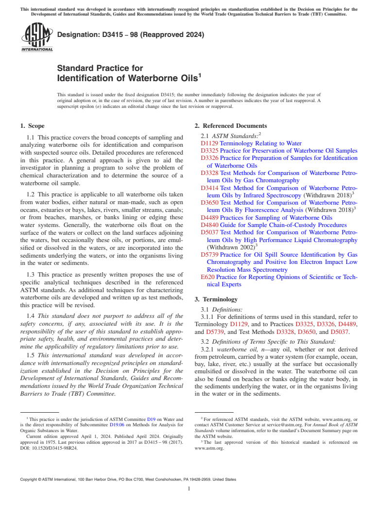 ASTM D3415-98(2024) - Standard Practice for  Identification of Waterborne Oils