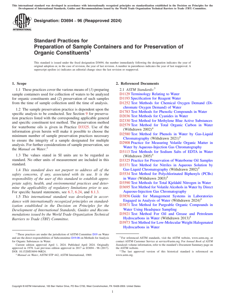 ASTM D3694-96(2024) - Standard Practices for  Preparation of Sample Containers and for Preservation of Organic  Constituents