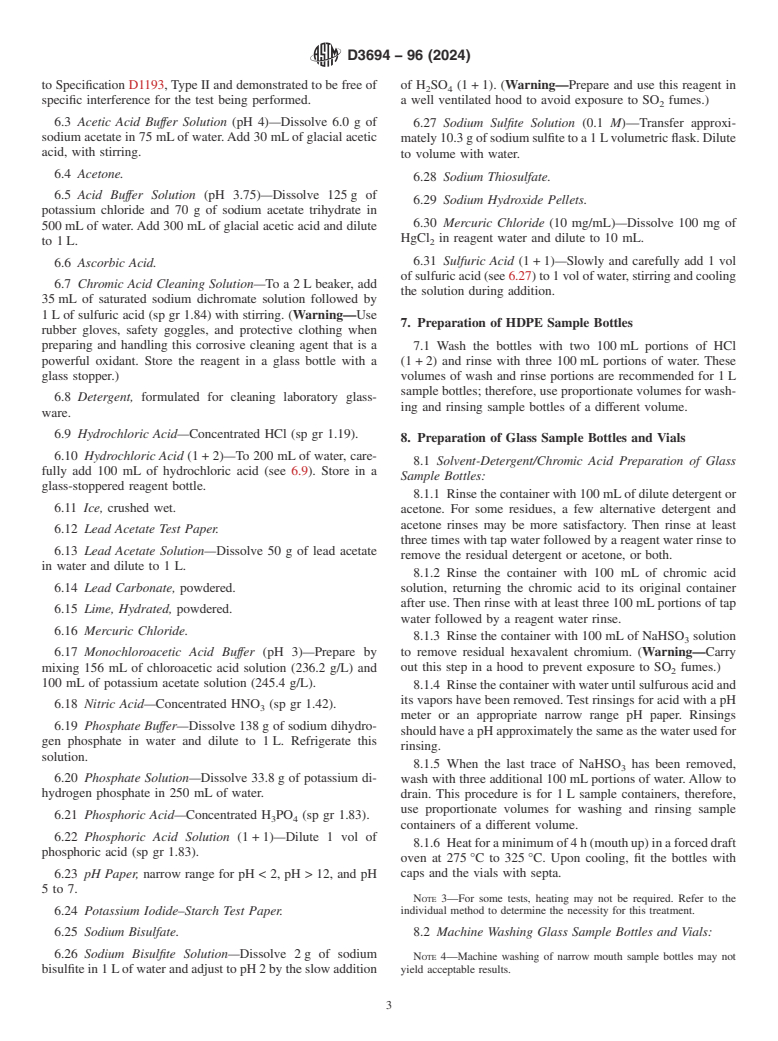 ASTM D3694-96(2024) - Standard Practices for  Preparation of Sample Containers and for Preservation of Organic  Constituents