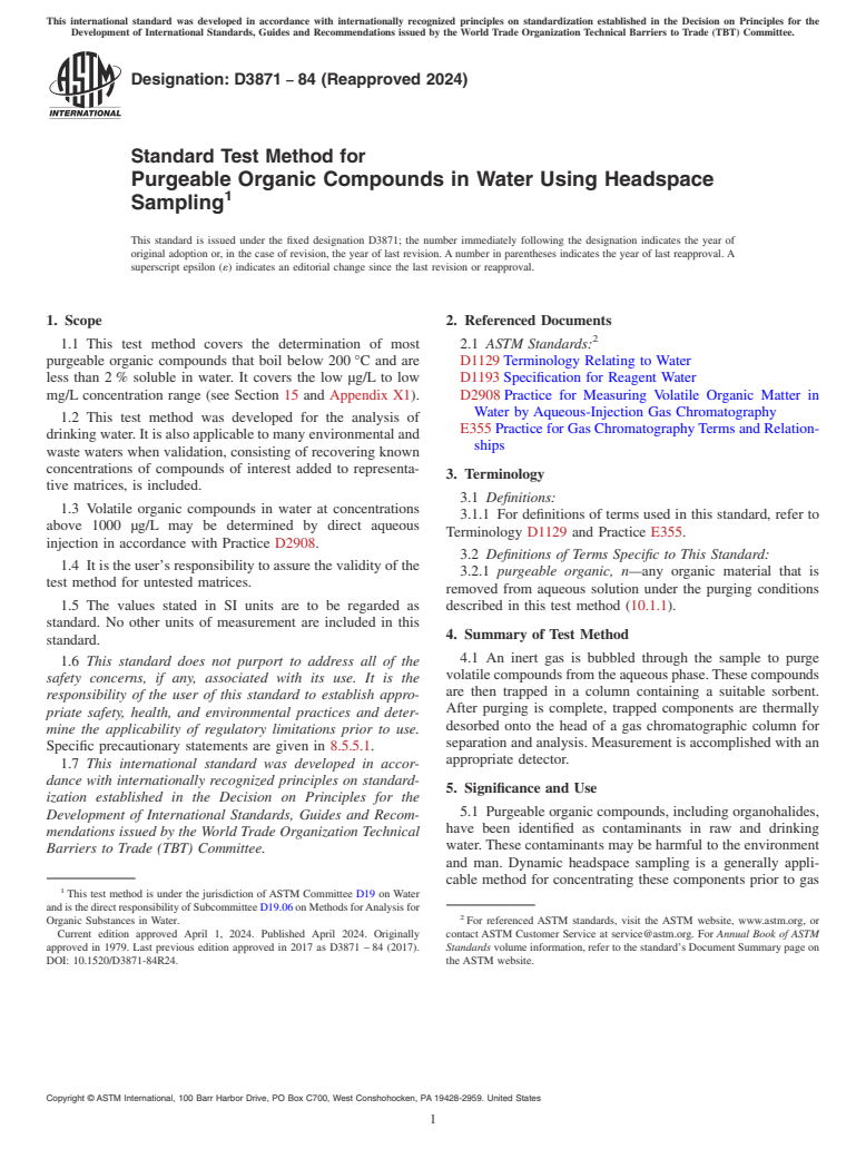 ASTM D3871-84(2024) - Standard Test Method for  Purgeable Organic Compounds in Water Using Headspace Sampling