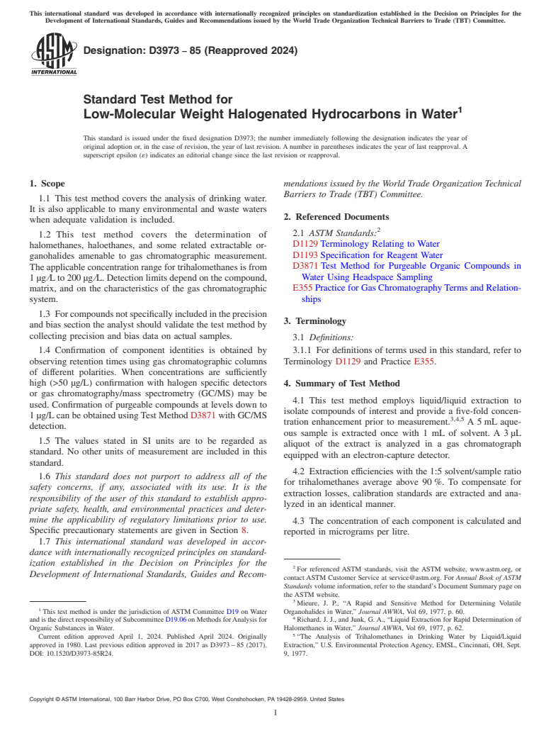 ASTM D3973-85(2024) - Standard Test Method for  Low-Molecular Weight Halogenated Hydrocarbons in Water