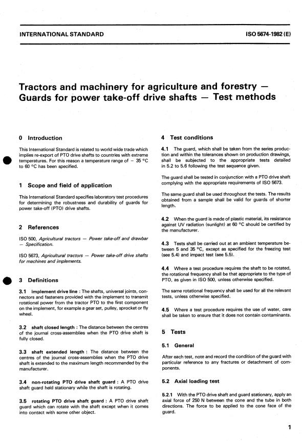 ISO 5674:1982 - Tractors and machinery for agriculture and forestry -- Guards for power take-off drive shafts -- Test methods