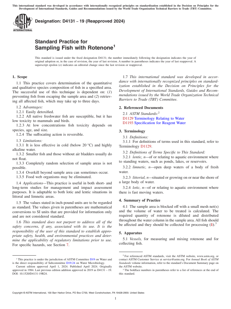 ASTM D4131-19(2024) - Standard Practice for  Sampling Fish with Rotenone