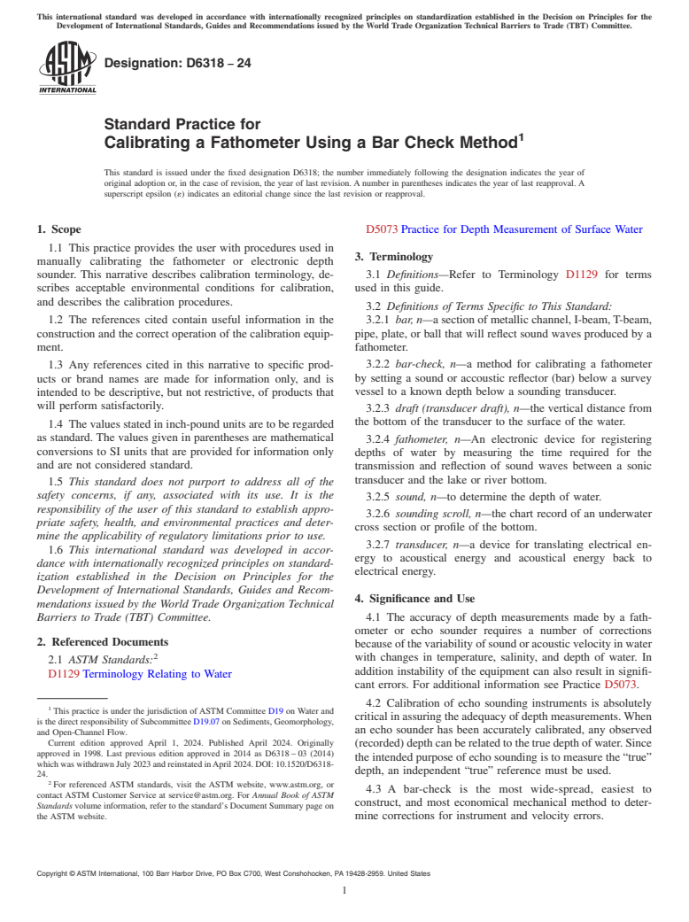 ASTM D6318-24 - Standard Practice for  Calibrating a Fathometer Using a Bar Check Method