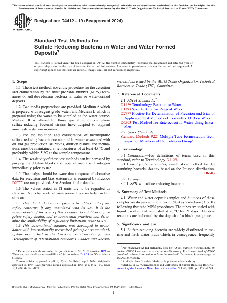 ASTM D4412-19(2024) - Standard Test Methods for  Sulfate-Reducing Bacteria in Water and Water-Formed Deposits