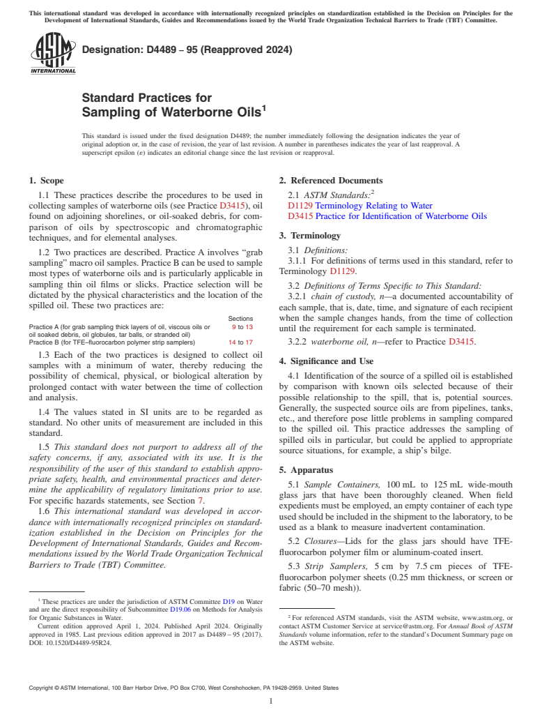 ASTM D4489-95(2024) - Standard Practices for  Sampling of Waterborne Oils