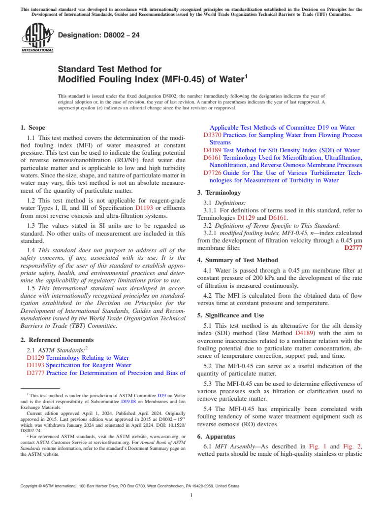 ASTM D8002-24 - Standard Test Method for Modified Fouling Index (MFI-0.45) of Water