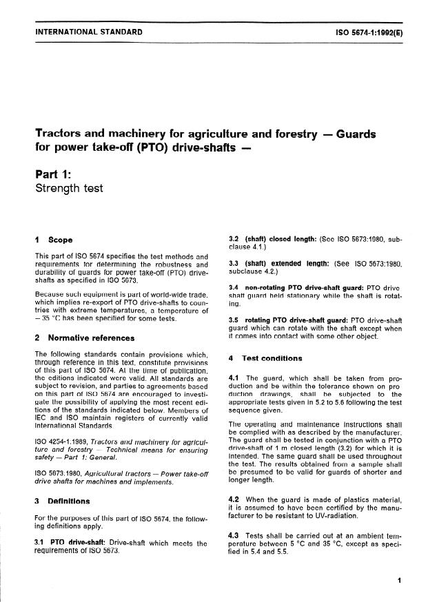 ISO 5674-1:1992 - Tractors and machinery for agriculture and forestry -- Guards for power take-off (PTO) drive-shafts