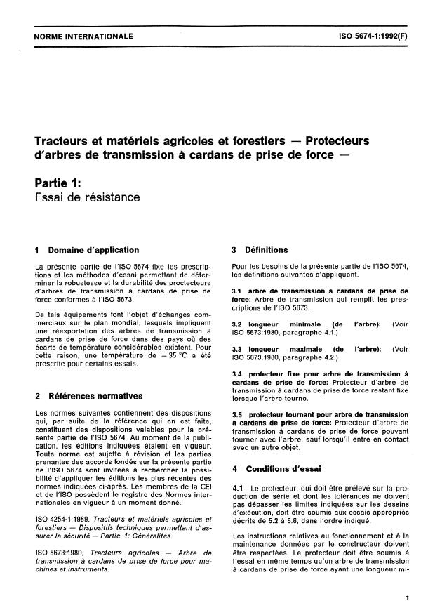 ISO 5674-1:1992 - Tracteurs et matériels agricoles et forestiers -- Protecteurs d'arbres de transmission a cardans de prise de force