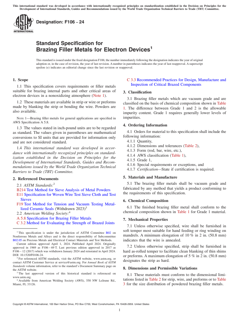 ASTM F106-24 - Standard Specification for  Brazing Filler Metals for Electron Devices