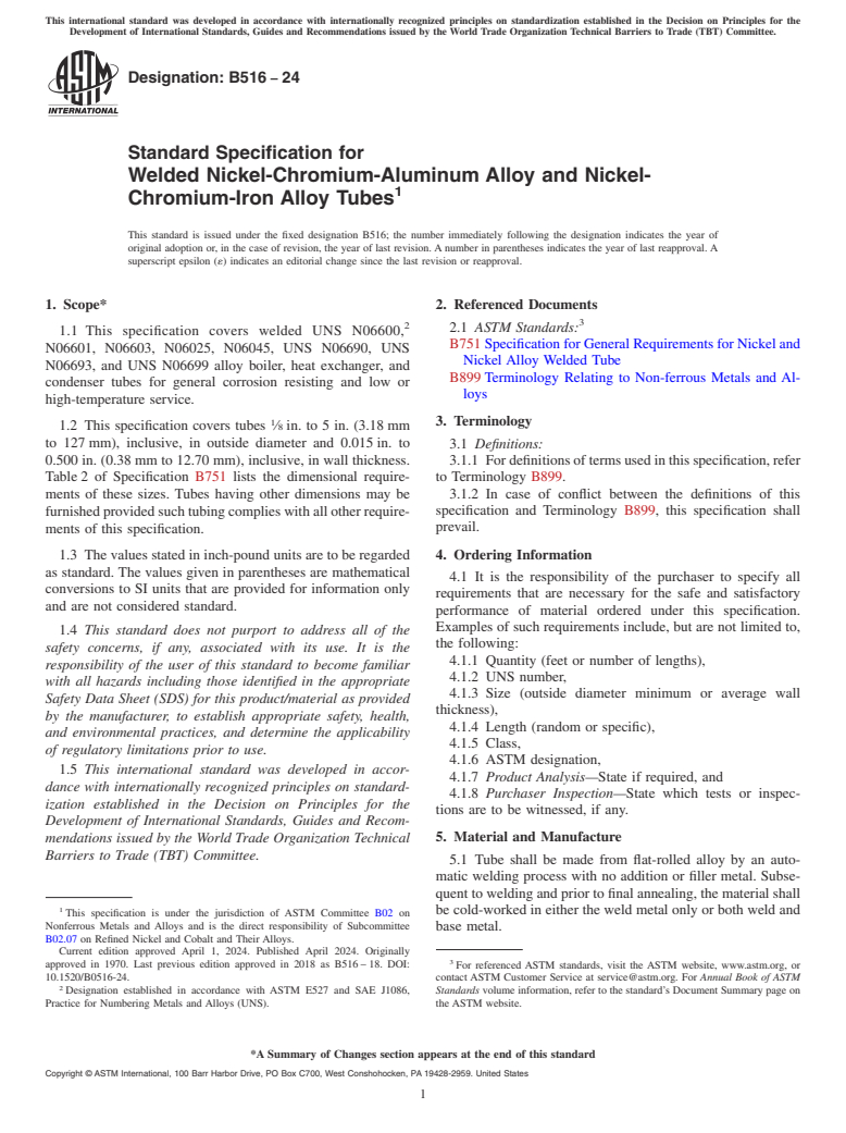 ASTM B516-24 - Standard Specification for Welded Nickel-Chromium-Aluminum Alloy and Nickel-Chromium-Iron  Alloy Tubes