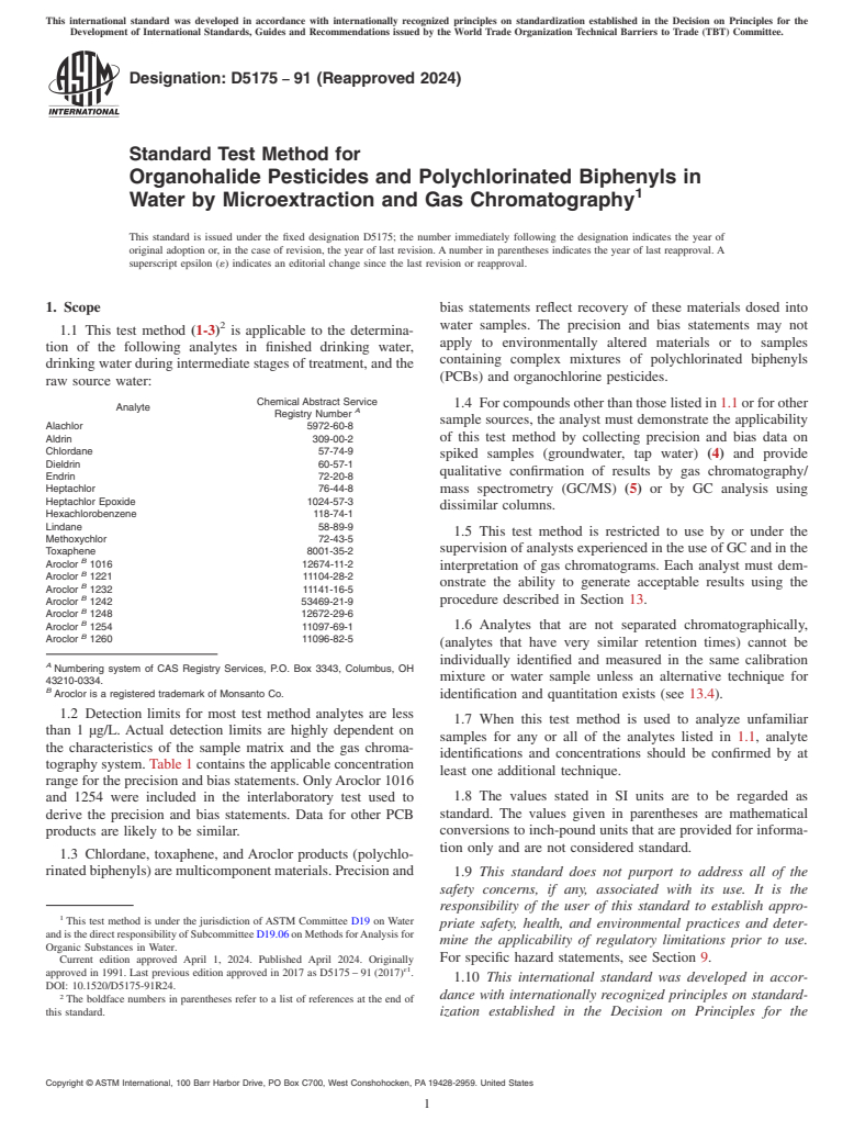 ASTM D5175-91(2024) - Standard Test Method for  Organohalide Pesticides and Polychlorinated Biphenyls in Water  by Microextraction and Gas Chromatography