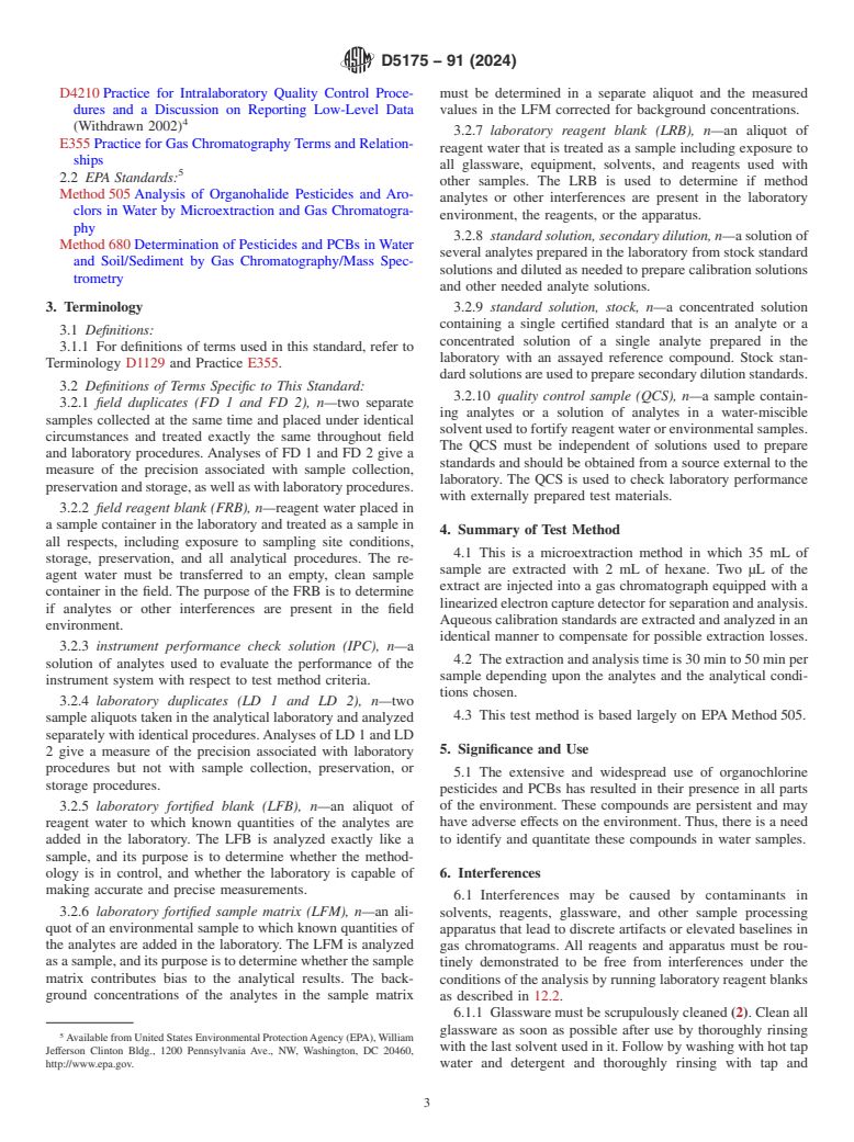 ASTM D5175-91(2024) - Standard Test Method for  Organohalide Pesticides and Polychlorinated Biphenyls in Water  by Microextraction and Gas Chromatography