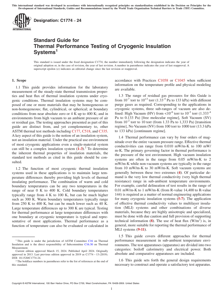 ASTM C1774-24 - Standard Guide for Thermal Performance Testing of Cryogenic Insulation Systems