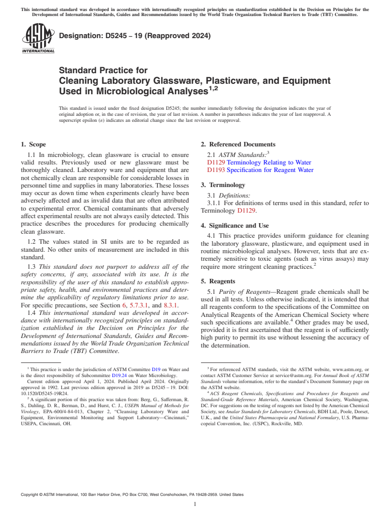 ASTM D5245-19(2024) - Standard Practice for  Cleaning Laboratory Glassware, Plasticware, and Equipment Used  in Microbiological Analyses