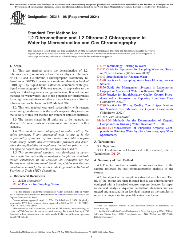 ASTM D5316-98(2024) - Standard Test Method for  1,2-Dibromoethane and 1,2-Dibromo-3-Chloropropane in Water  by Microextraction and Gas Chromatography