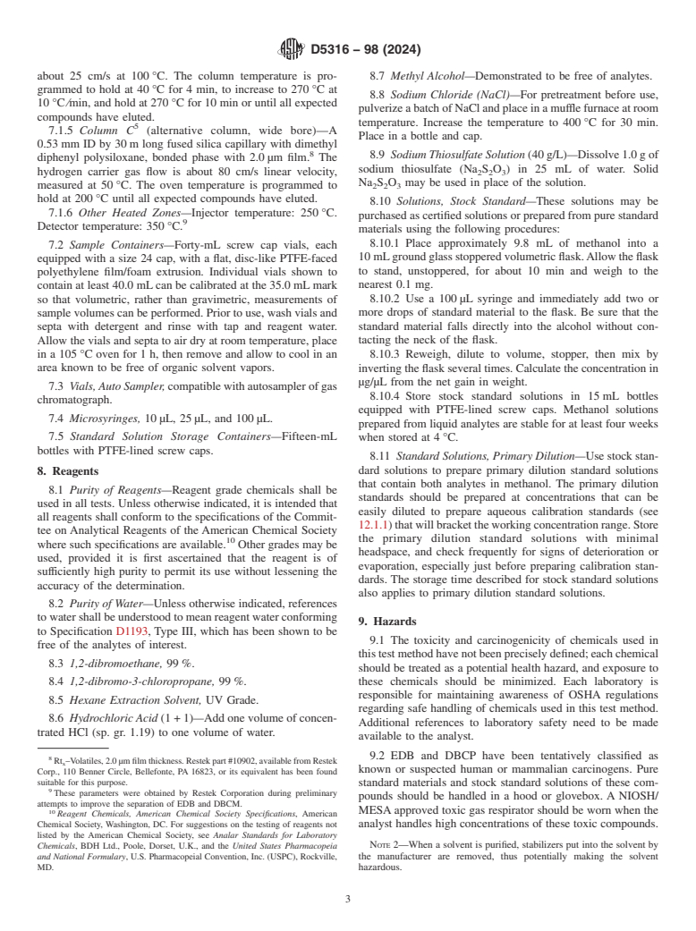 ASTM D5316-98(2024) - Standard Test Method for  1,2-Dibromoethane and 1,2-Dibromo-3-Chloropropane in Water  by Microextraction and Gas Chromatography