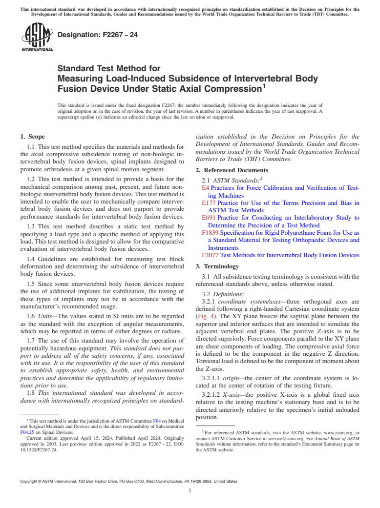 ASTM F2267-24 - Standard Test Method for Measuring Load-Induced Subsidence of Intervertebral Body Fusion  Device Under Static Axial Compression