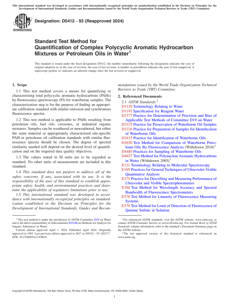 ASTM D5412-93(2024) - Standard Test Method for  Quantification of Complex Polycyclic Aromatic Hydrocarbon Mixtures  or Petroleum Oils in Water