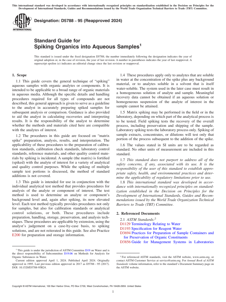 ASTM D5788-95(2024) - Standard Guide for  Spiking Organics into Aqueous Samples