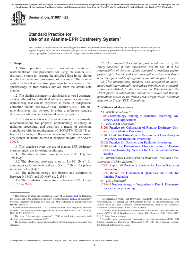 ASTM ISO/ASTM51607-22 - Standard Practice for Use of an Alanine-EPR Dosimetry System
