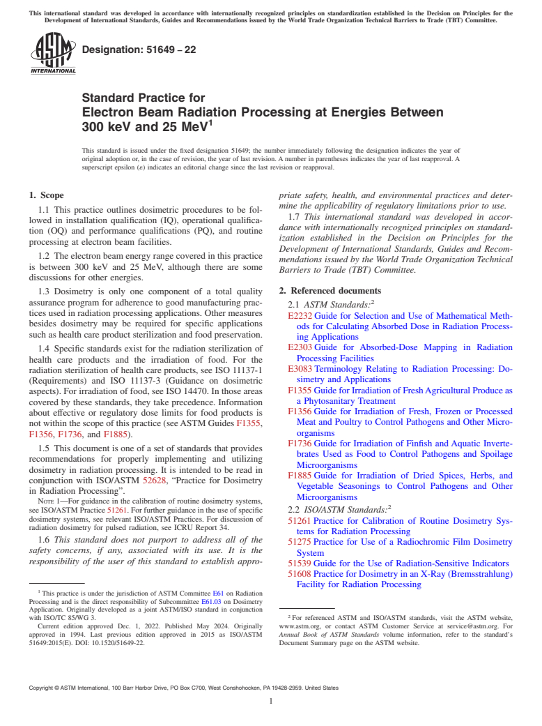 ASTM ISO/ASTM51649-22 - Standard Practice for  Electron Beam Radiation Processing at Energies Between 300  keV and 25 MeV