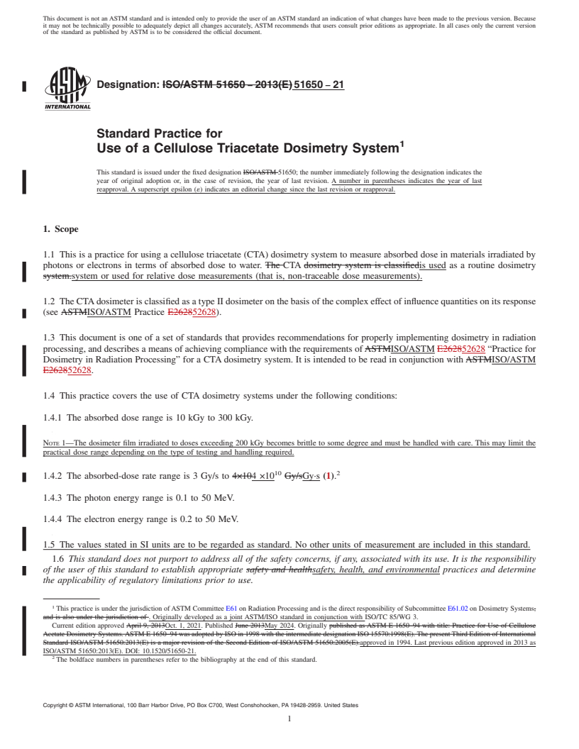 REDLINE ASTM ISO/ASTM51650-21 - Standard Practice for Use of a Cellulose Triacetate Dosimetry System