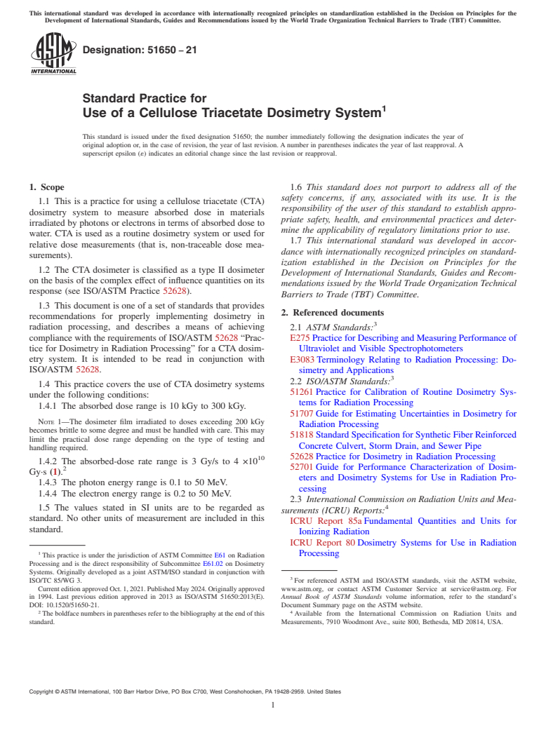 ASTM ISO/ASTM51650-21 - Standard Practice for Use of a Cellulose Triacetate Dosimetry System
