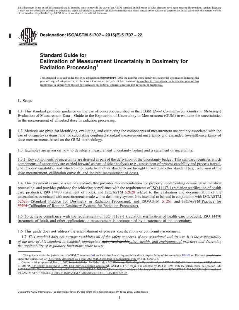 REDLINE ASTM ISO/ASTM51707-22 - Standard Guide for Estimation of Measurement Uncertainty in Dosimetry for Radiation  Processing