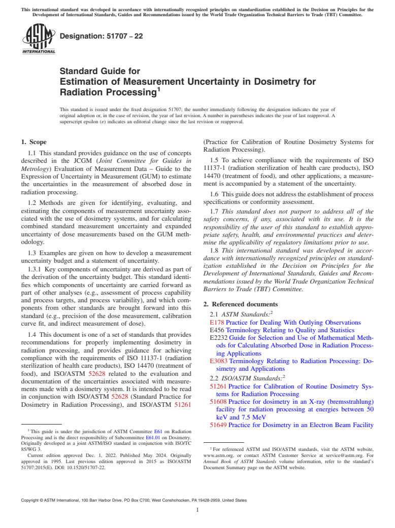 ASTM ISO/ASTM51707-22 - Standard Guide for Estimation of Measurement Uncertainty in Dosimetry for Radiation  Processing