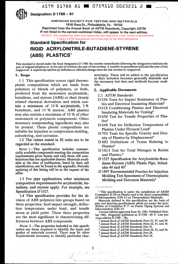 ASTM D1788-81 - Specification for Rigid Acrylonitrile-Butadiene-Styrene (ABS) Plastics (Withdrawn 1988)