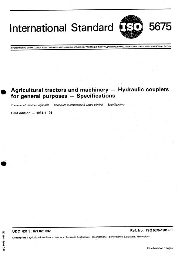 ISO 5675:1981 - Agricultural tractors and machinery -- Hydraulic couplers for general purposes -- Specifications