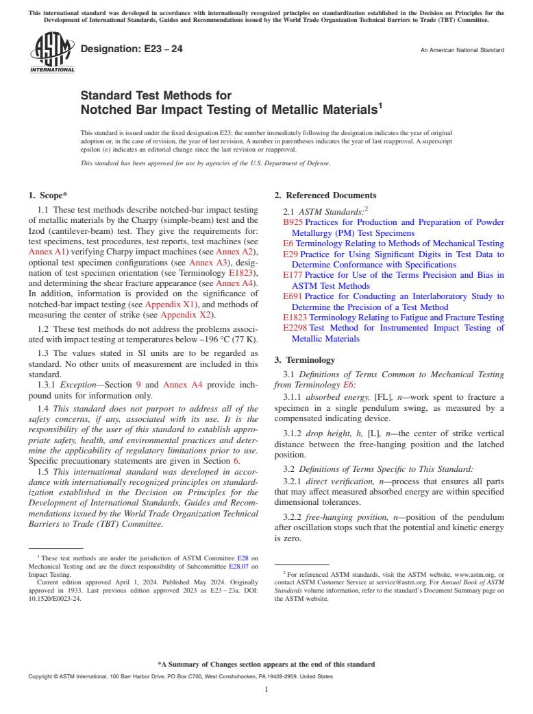 ASTM E23-24 - Standard Test Methods for Notched Bar Impact Testing of Metallic Materials