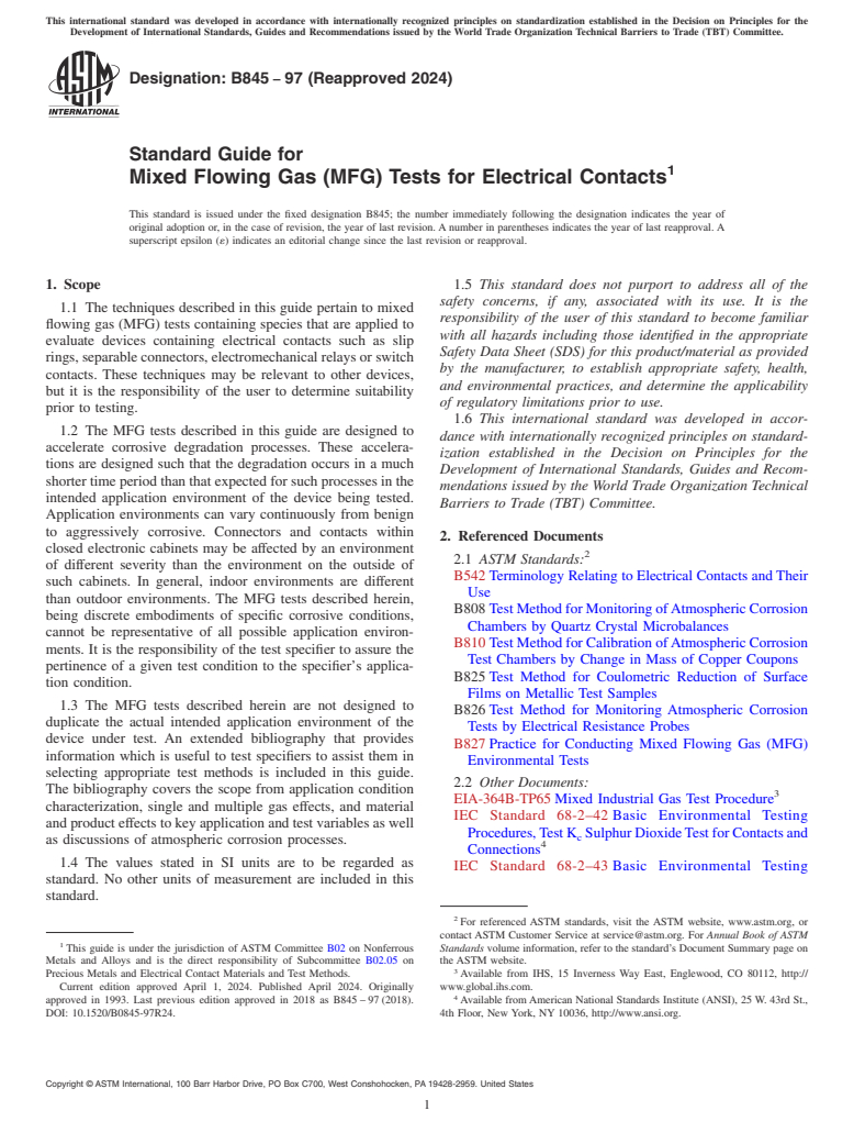 ASTM B845-97(2024) - Standard Guide for Mixed Flowing Gas (MFG) Tests for Electrical Contacts